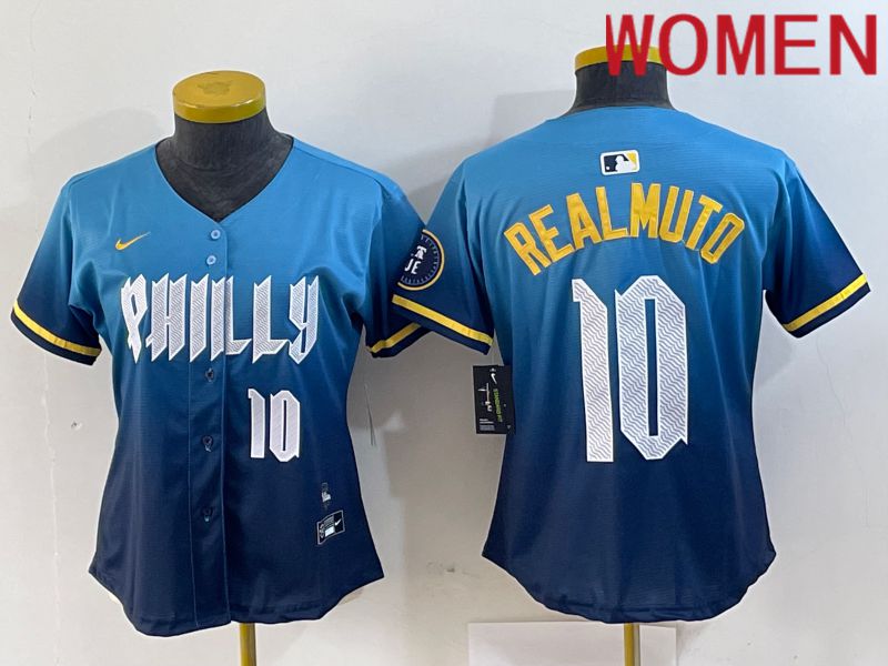 Women Philadelphia Phillies #10 Realmuto Blue City Edition Nike 2024 MLB Jersey style 4